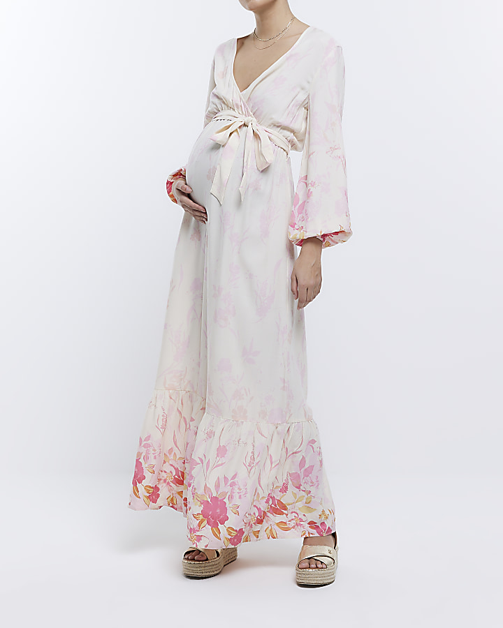 Maternity pink front wrap floral maxi Dress