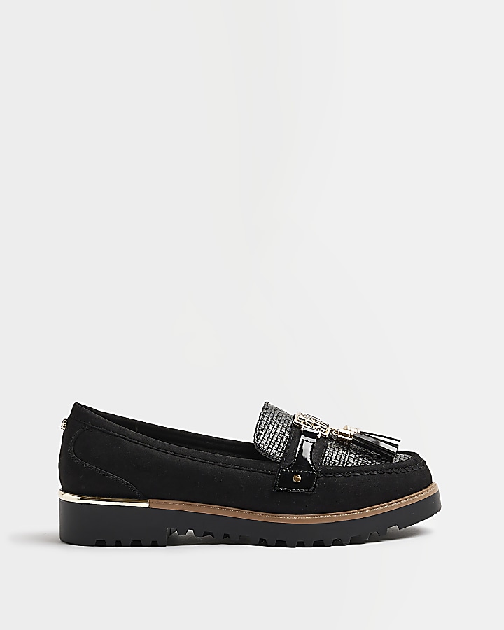 Black wide fit tassel detail loafers | River Island
