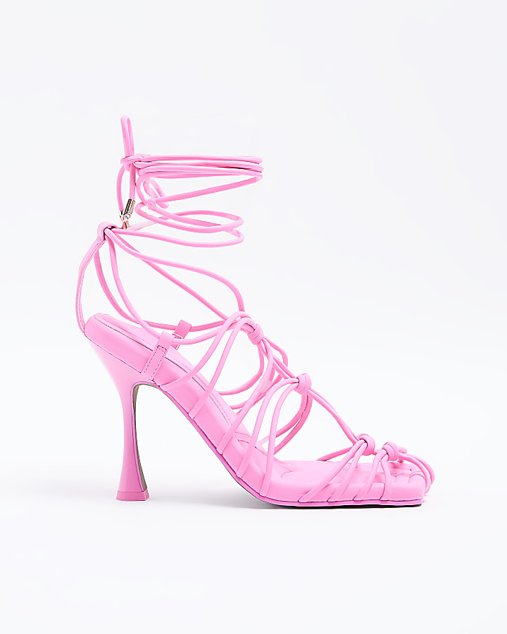 Pink strappy heeled sandals River Island