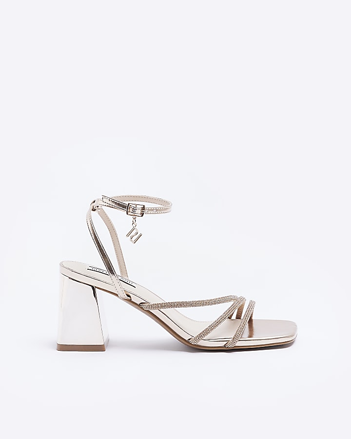 Rose gold strappy block heeled sandals River Island