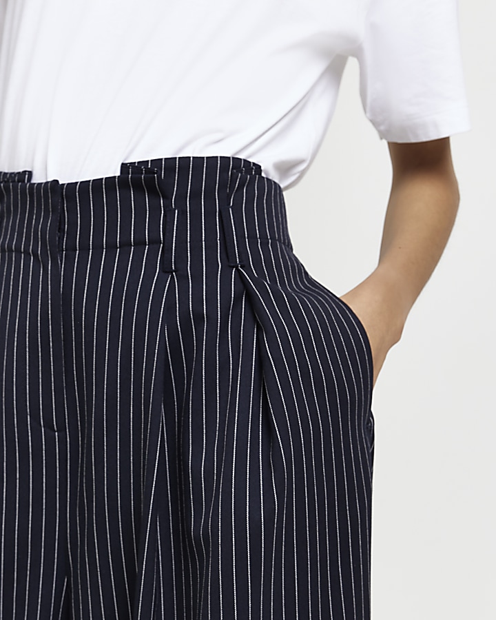 Navy stripe paperbag wide leg trousers