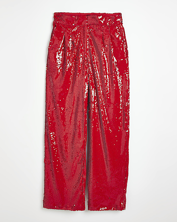 Red sequin wide leg trousers