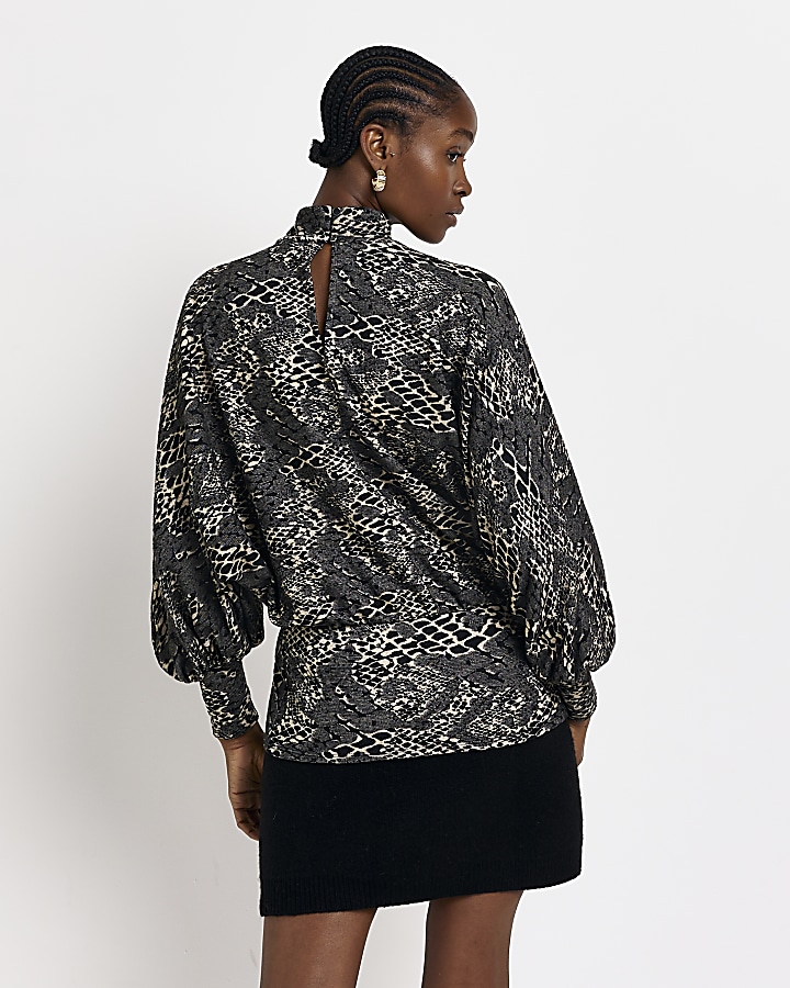 Grey jacquard leopard long sleeve blouse