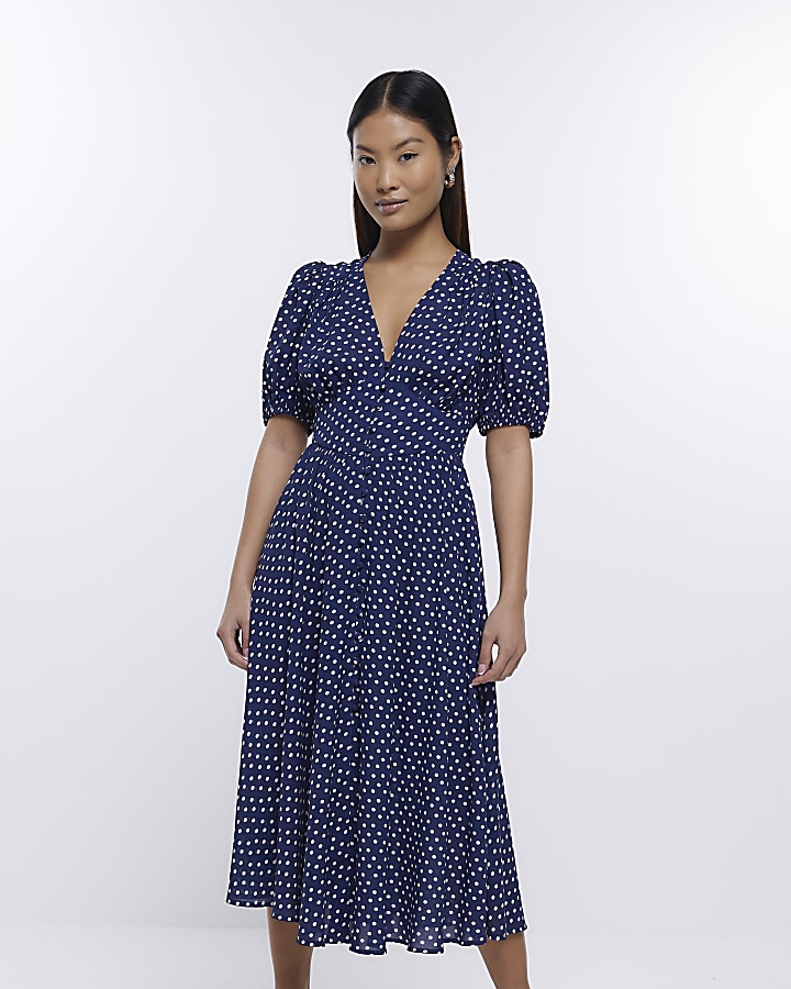 Petite Navy Spot Tea Midi Dress