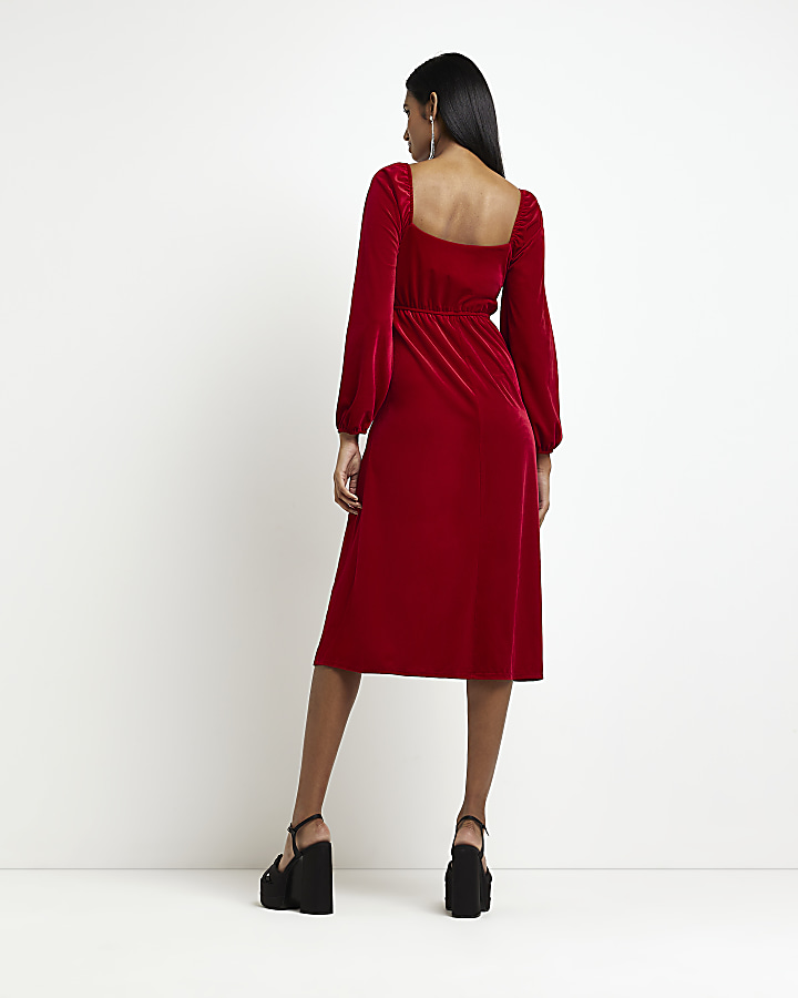 Red velvet long sleeve midi dress
