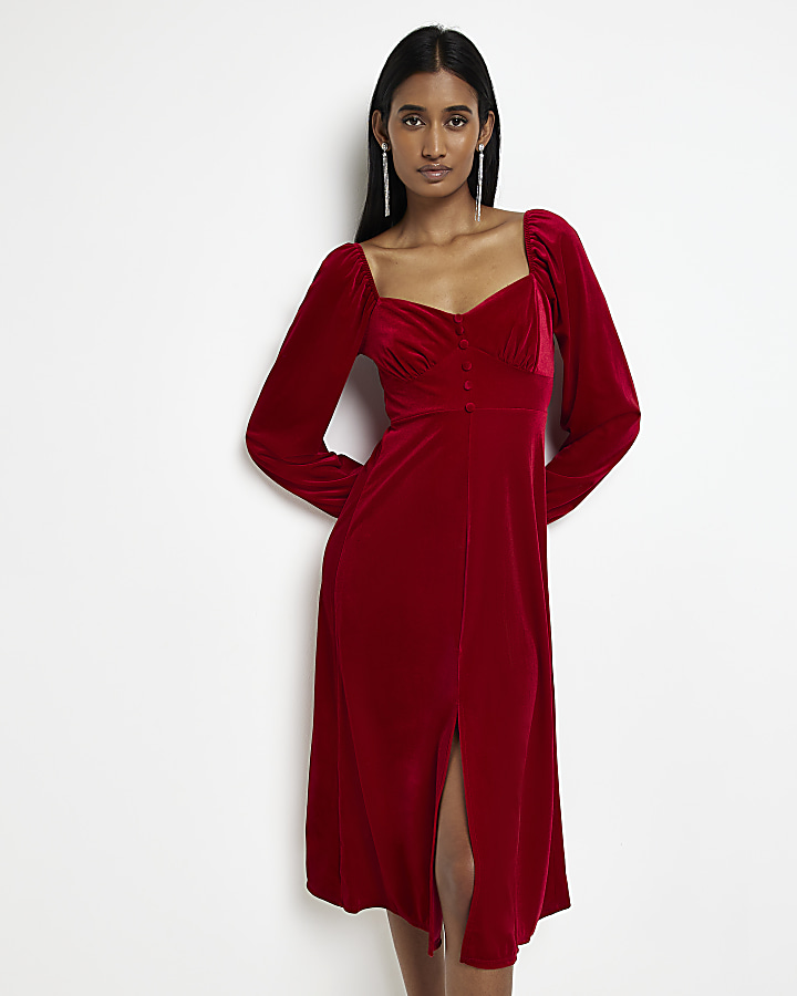 Red velvet long sleeve midi dress