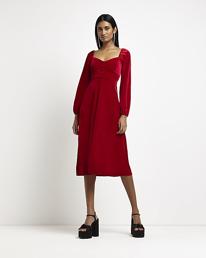 Red velvet dress long hot sale sleeve