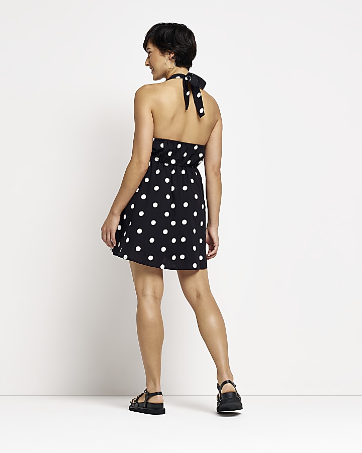 Petite black spot linen mini dress