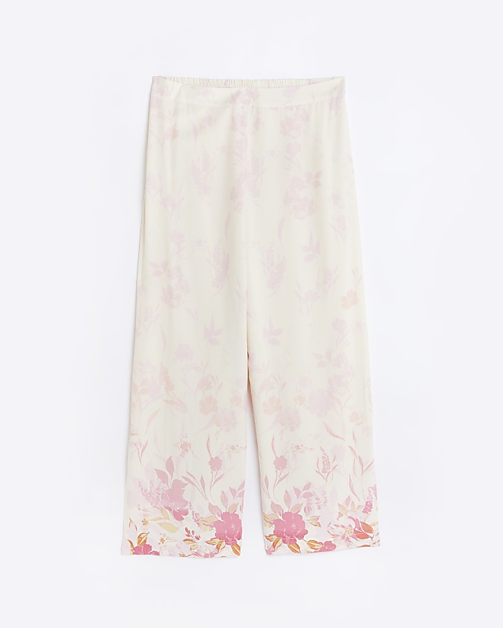 Plus white floral wide leg trousers