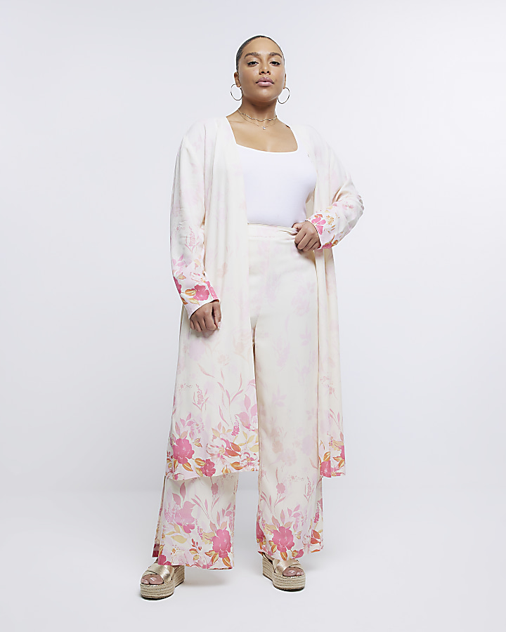 Plus white floral wide leg trousers