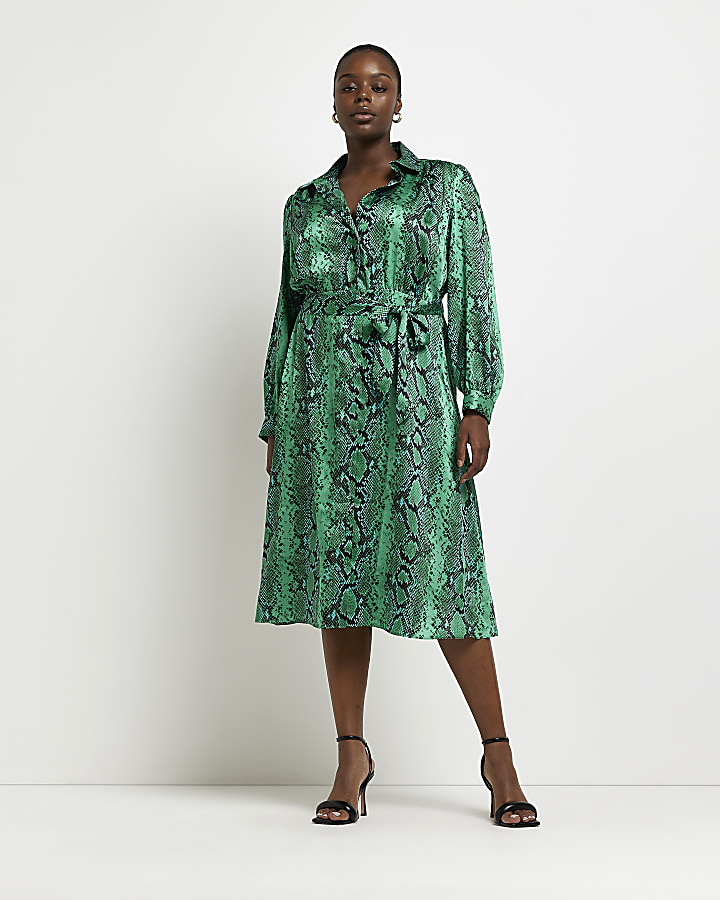 Plus green animal print midi shirt dress | River Island