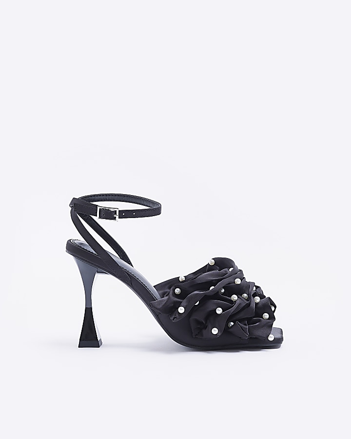 Black ruffle heeled sandals River Island