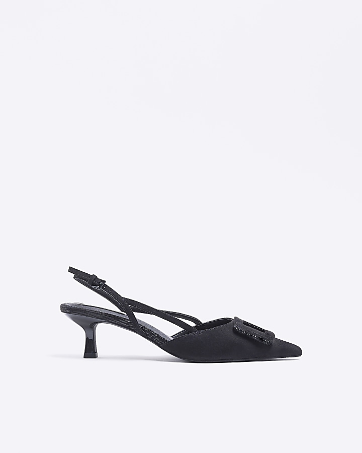 Black kitten heeled court shoes | River Island