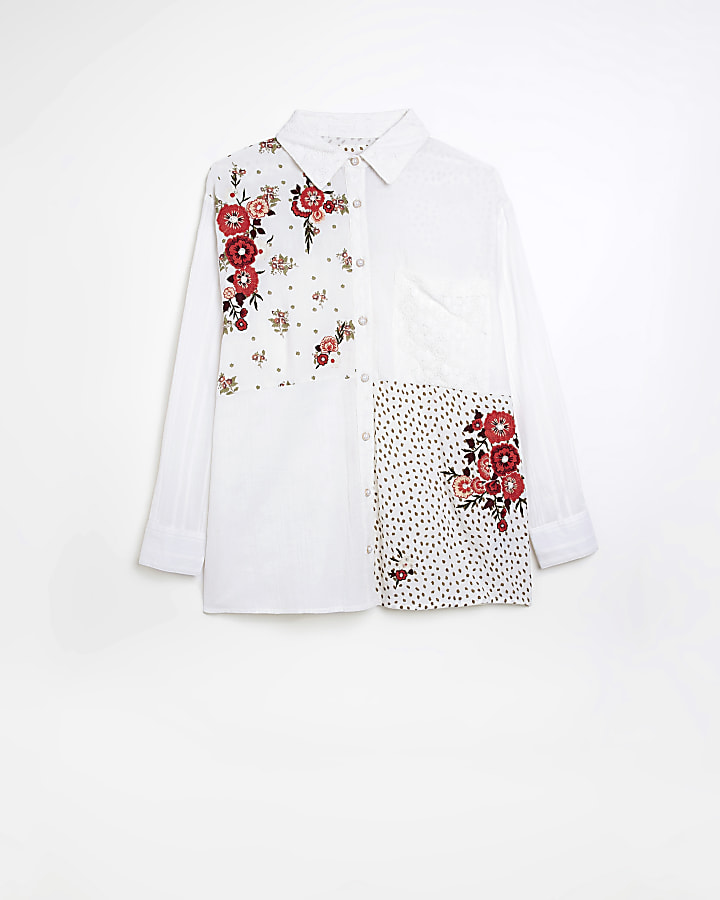 Plus white linen floral lace shirt