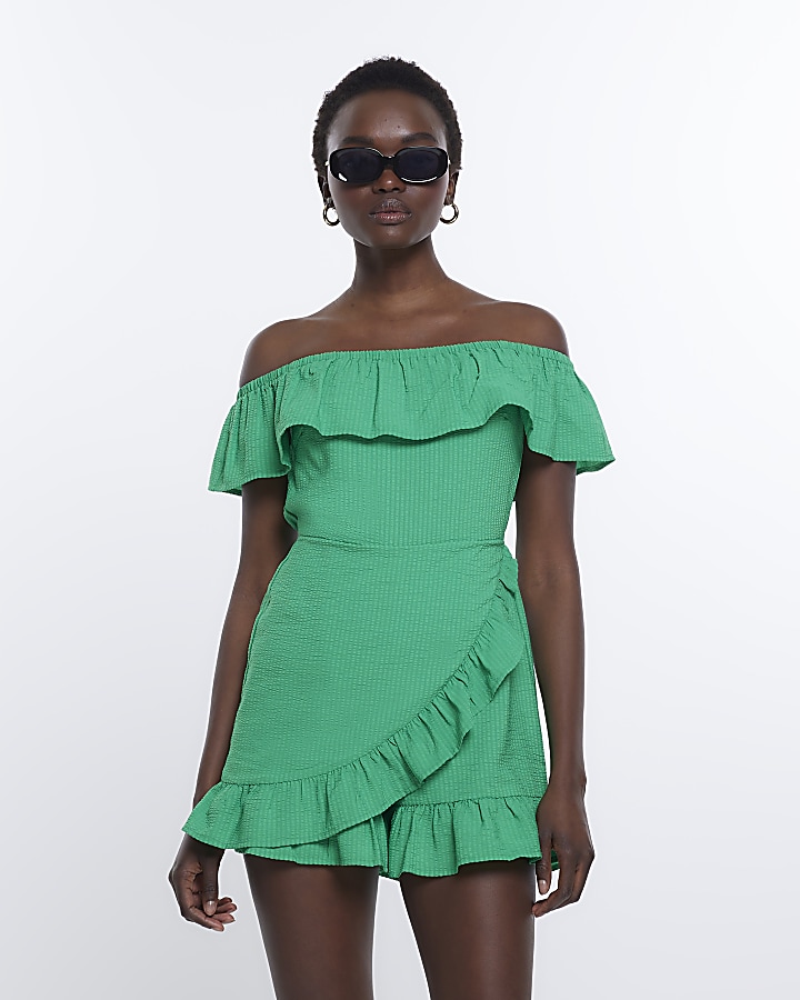 Green bardot frill playsuit | River Island