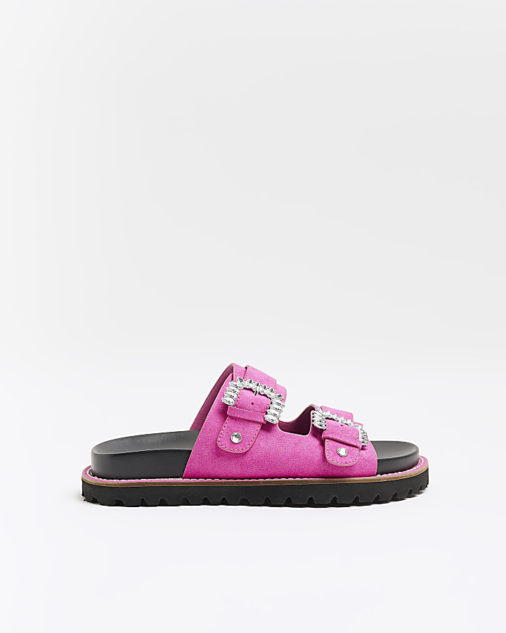 Pink embellished buckle slides | River Island