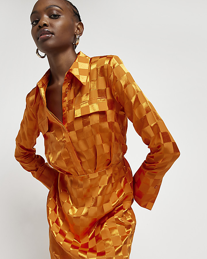 Orange check satin mini shirt dress River Island