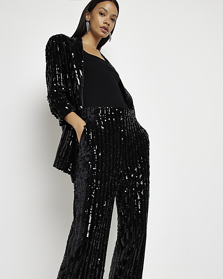 Black sequin wide leg trousers River Island