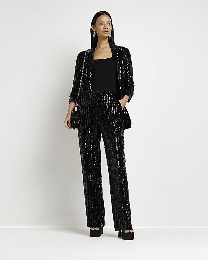 Black sequin wide leg trousers