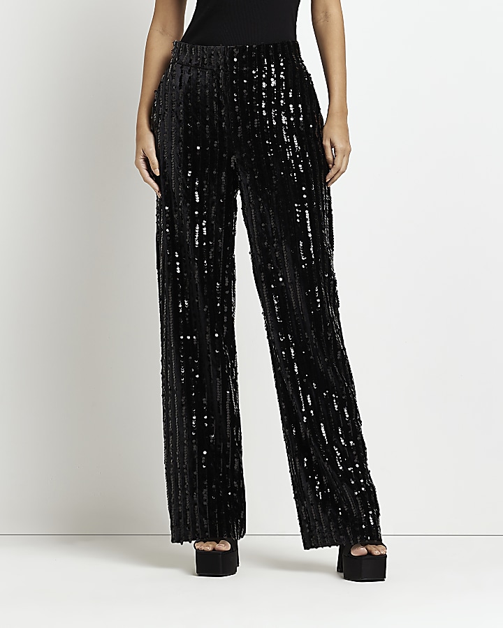 Black sequin wide leg trousers River Island