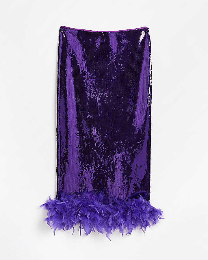Purple sequin feather trim pencil midi skirt