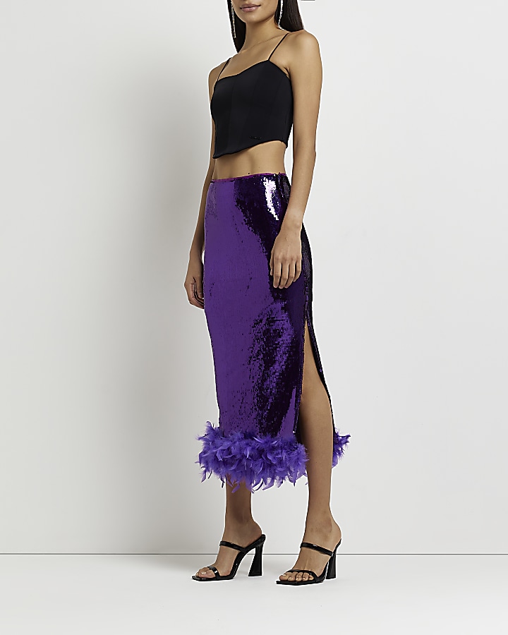 Purple sequin feather trim pencil midi skirt