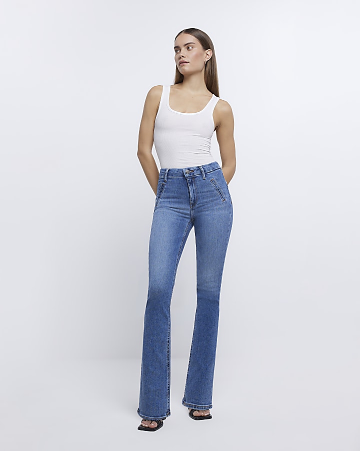 Blue high waisted flared bootcut jeans