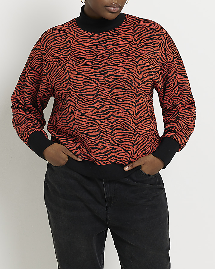 Plus red animal print high neck jumper