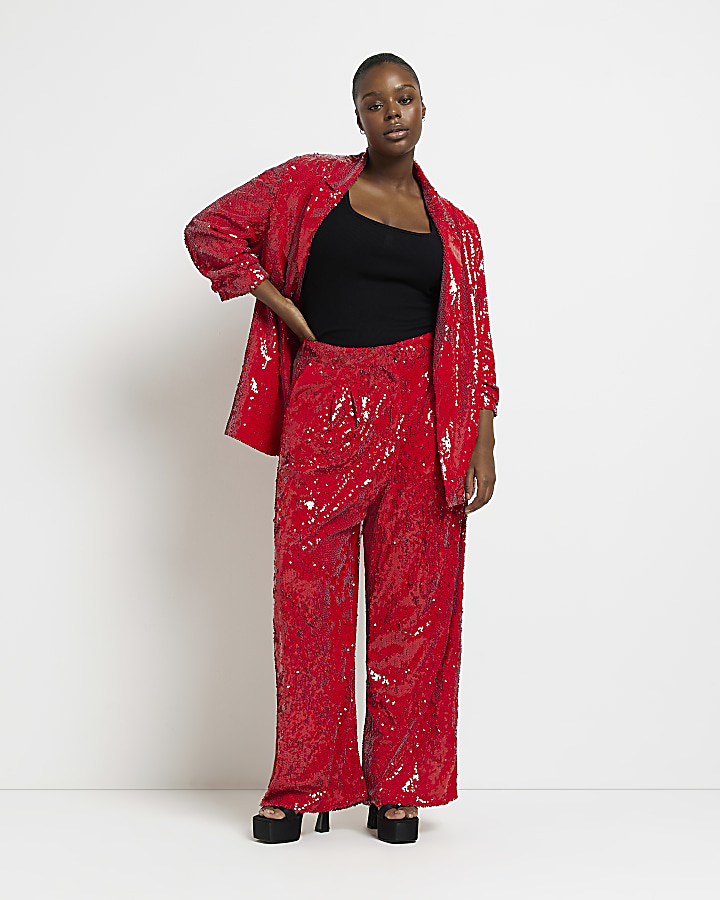 Plus red sequin wide leg trousers River Island