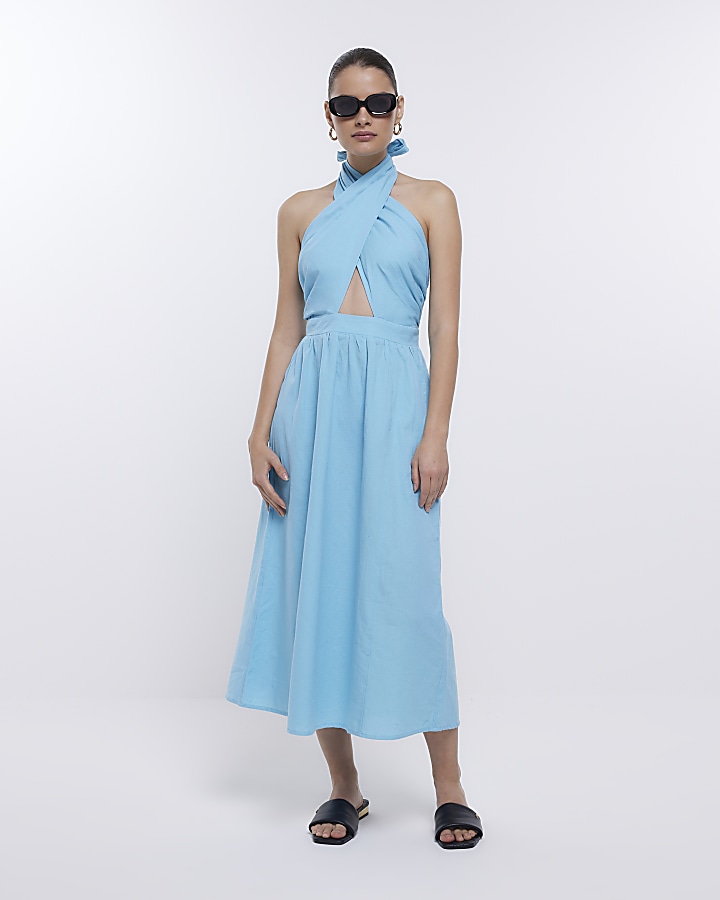 Blue linen halter neck midi dress River Island