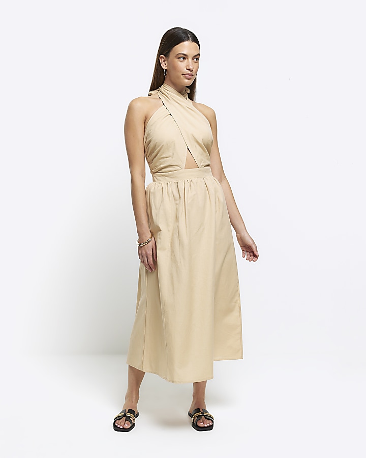 Beige halter 2024 neck dress