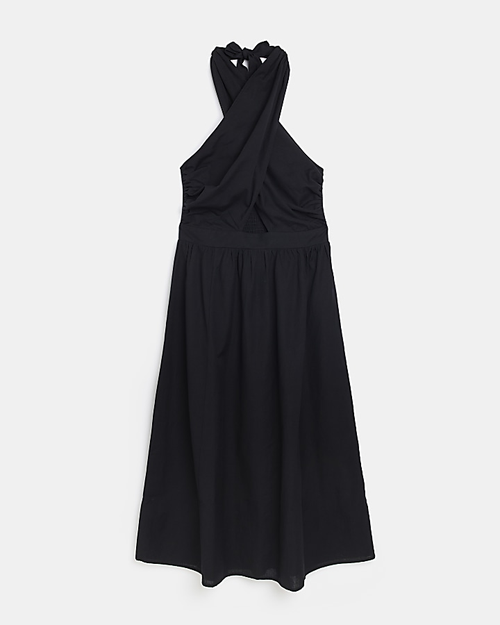 Black linen halter neck midi dress