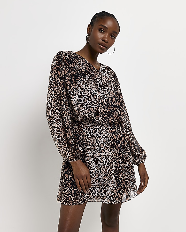 Animal print shop cowl neck dress