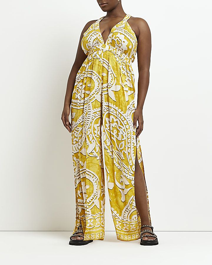 Plus yellow paisley plunge jumpsuit