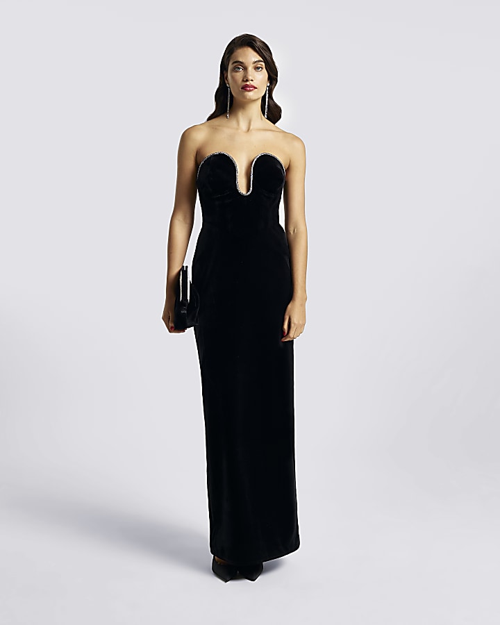 Black velvet draped wrap detail bandeau maxi outlet dress