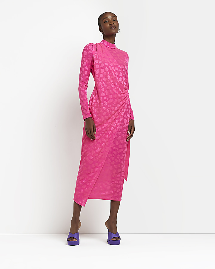 Pink animal print satin wrap midi dress