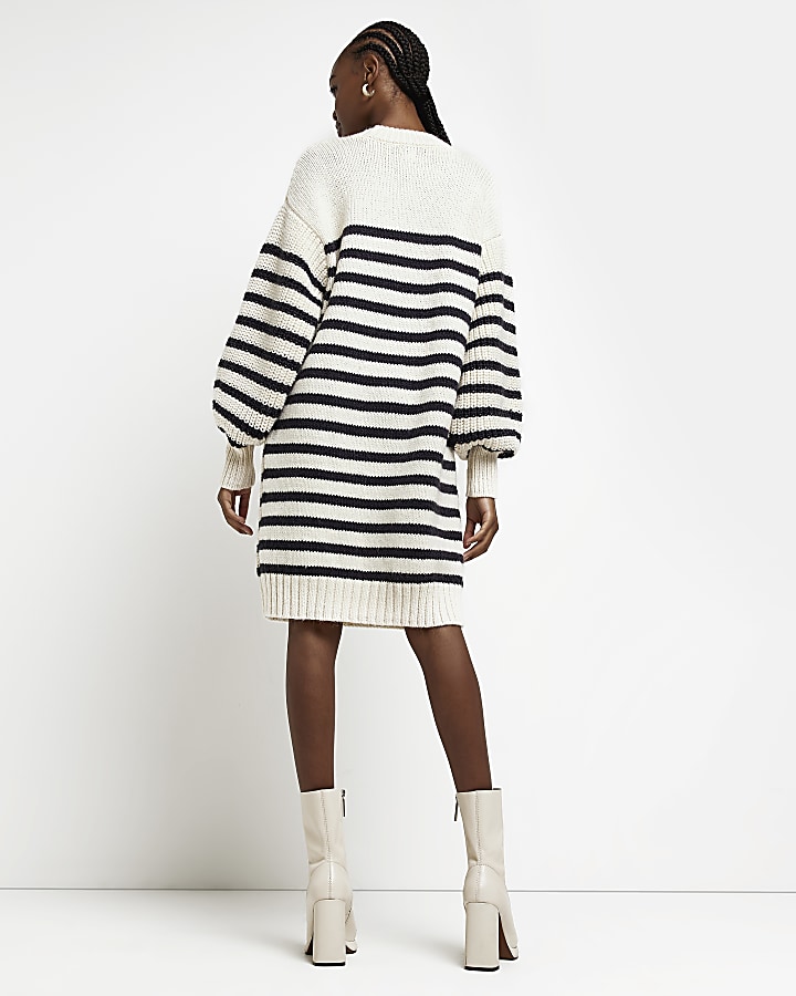 Beige stripe knit jumper mini dress