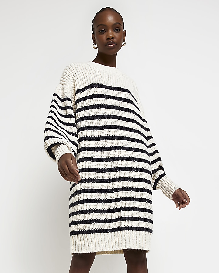 Beige stripe knit jumper mini dress