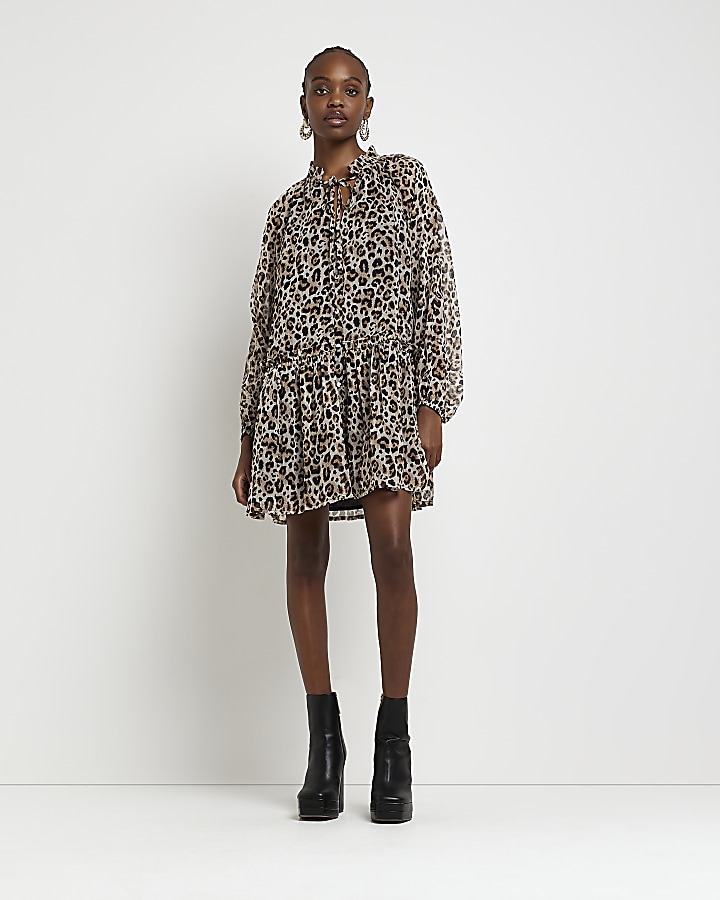 Brown leopard print smock mini dress