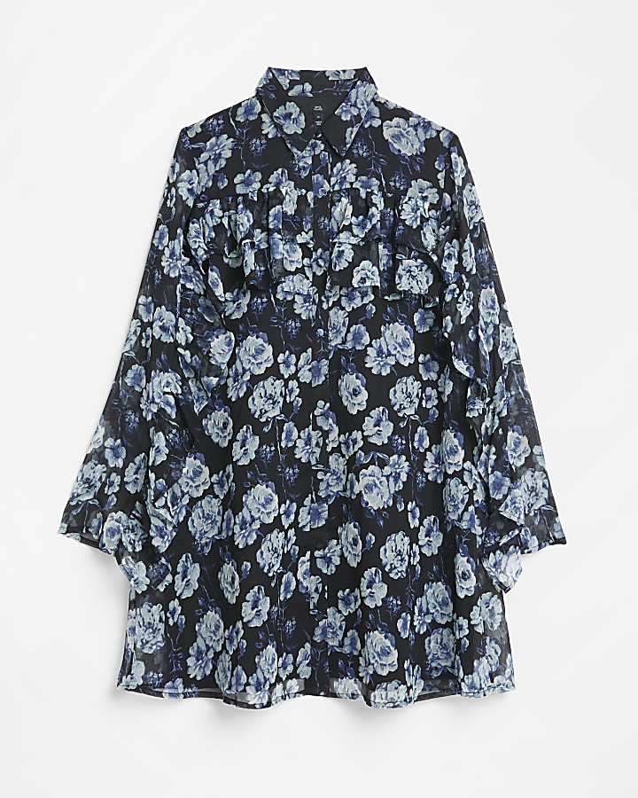 Black floral frill mini shirt dress
