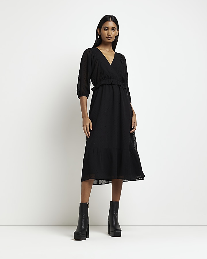 Black wrap midi dress best sale with sleeves