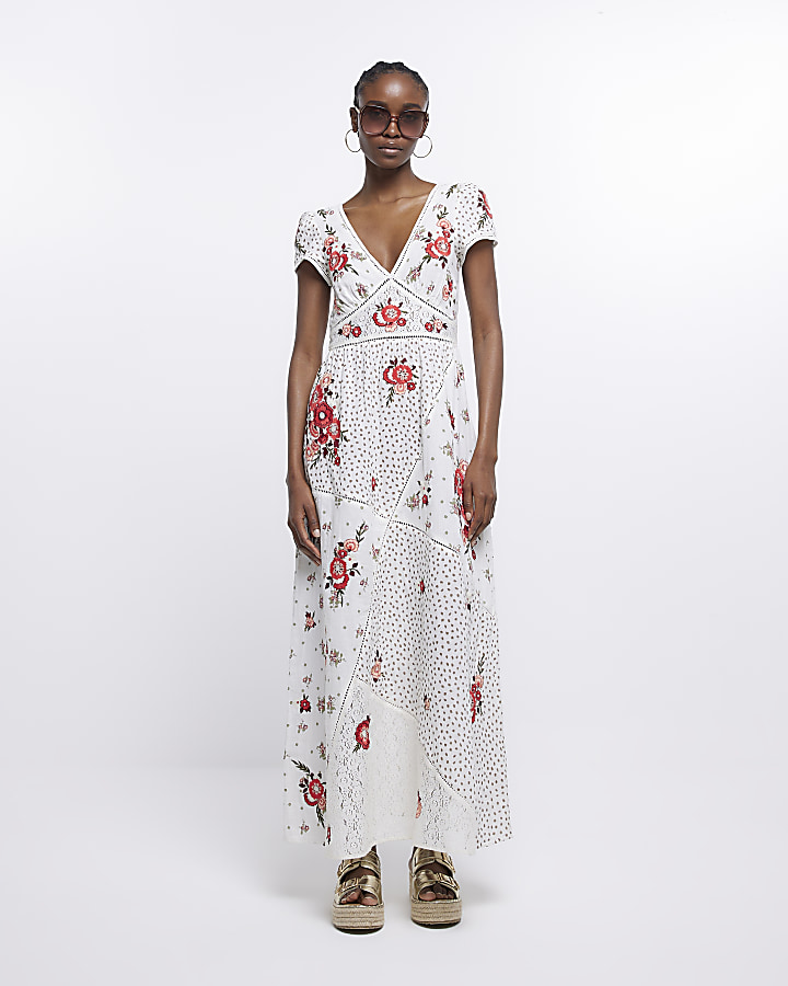 Cream embroidered floral smock maxi dress