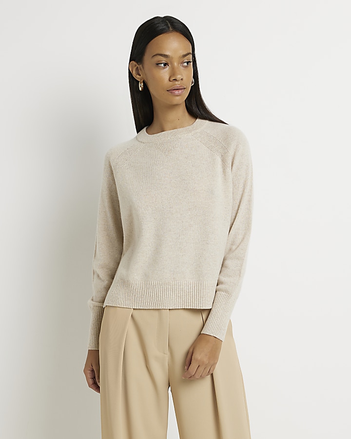 Cream cashmere long sleeve jumper | River Island