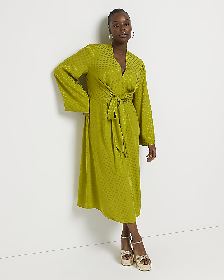 Plus green spot satin swing midi dress