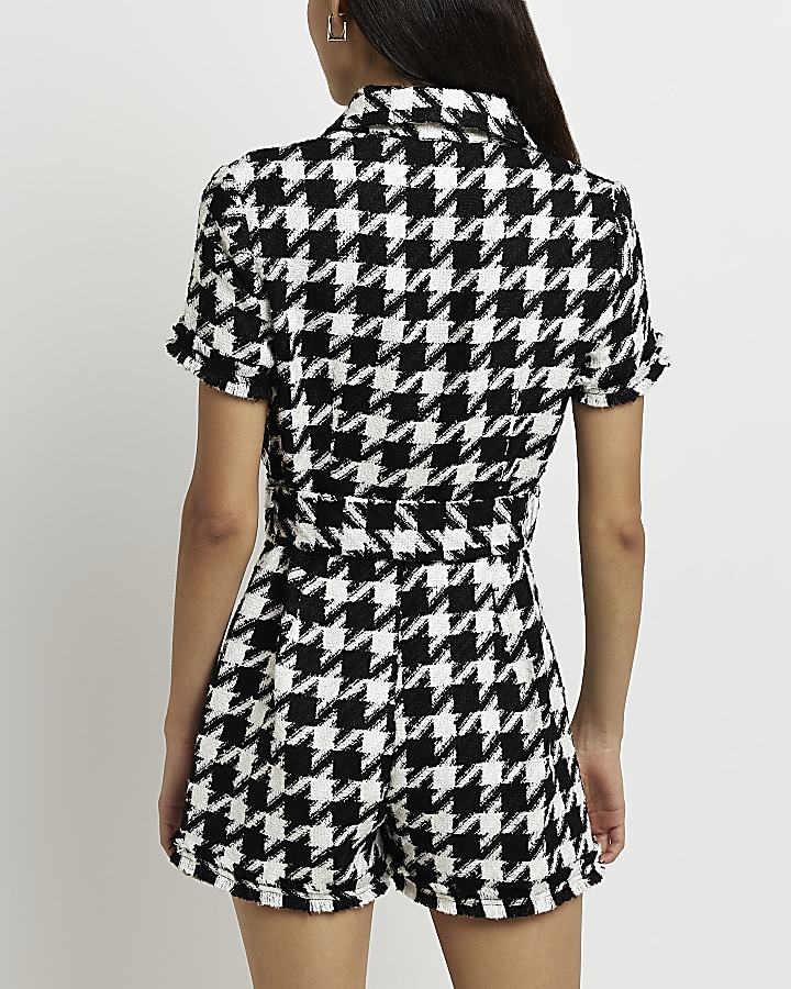 Black dogtooth boucle belted playsuit