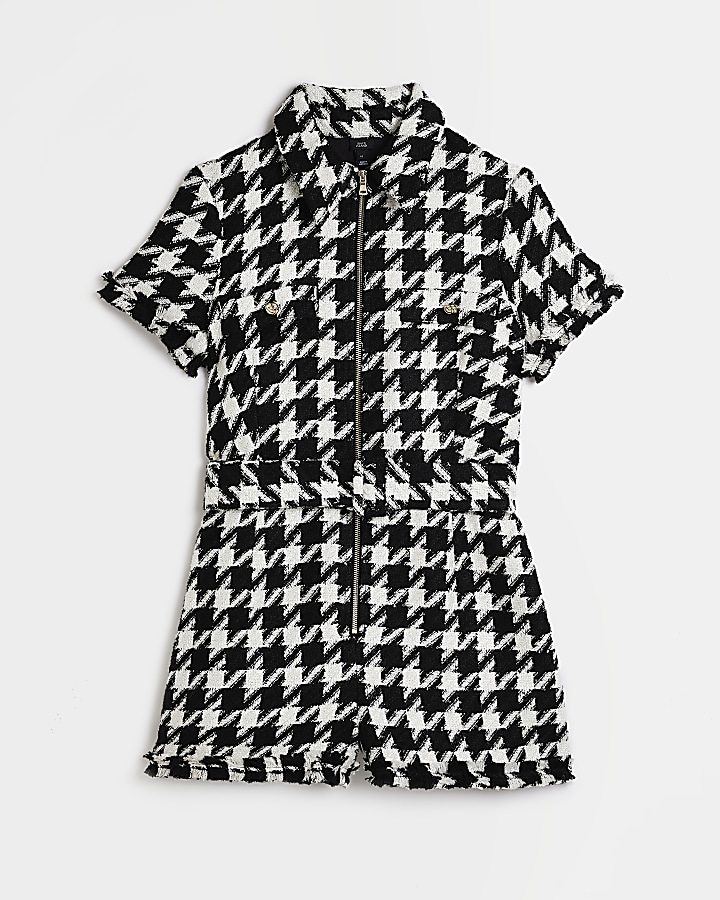 Black dogtooth boucle belted playsuit