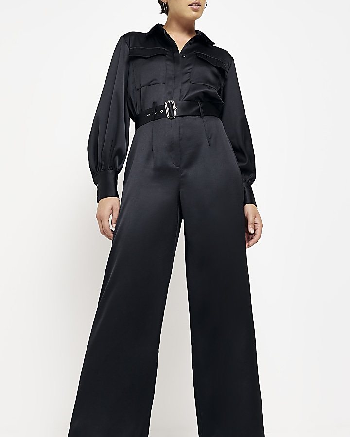 $65 Ny Collection Petite Surplice Belted Wide-Leg Jumpsuit Black Petite XL