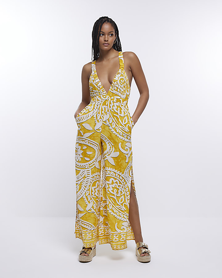 Yellow halter 2024 neck jumpsuit