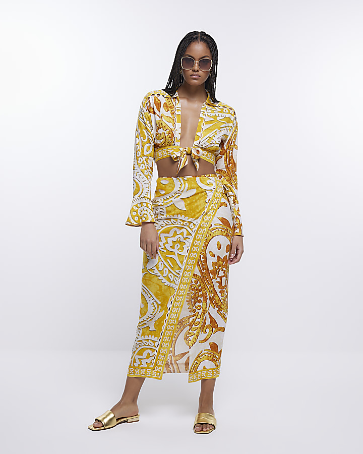 Yellow print wrap sarong midi skirt