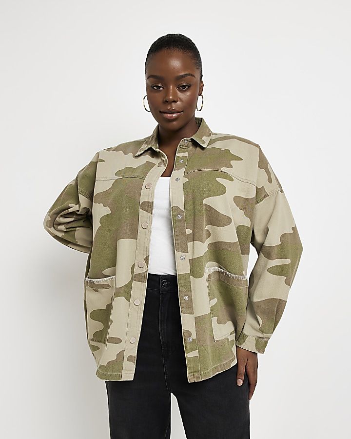 Plus khaki camo oversized jacket River Island